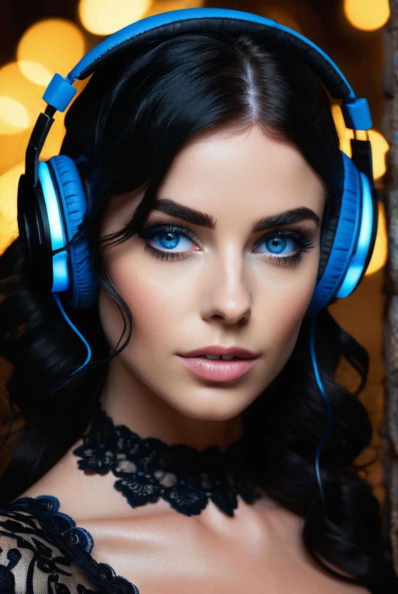 best quality, 4k, highres, masterpiece, ultra-detailed, realistic, highly detailed photo, fashion editorial, fashion photography, dark haired woman in black lace dress, beautiful blue eyes, headphones, luminescent particless in air, sharp focus, complex, highly detailed, cinematic, candid, true colors, creative, innocent, perfect, beautiful, elegant, intricate, confident, dynamic, volumetric lighting, cinematic angle, vibrant,