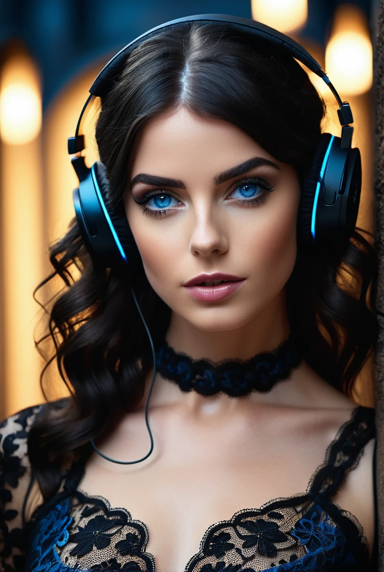 best quality, 4k, highres, masterpiece, ultra-detailed, realistic, highly detailed photo, fashion editorial, fashion photography, dark haired woman in black lace dress, beautiful blue eyes, headphones, luminescent particless in air, sharp focus, complex, highly detailed, cinematic, candid, true colors, creative, innocent, perfect, beautiful, elegant, intricate, confident, dynamic, volumetric lighting, cinematic angle, vibrant,