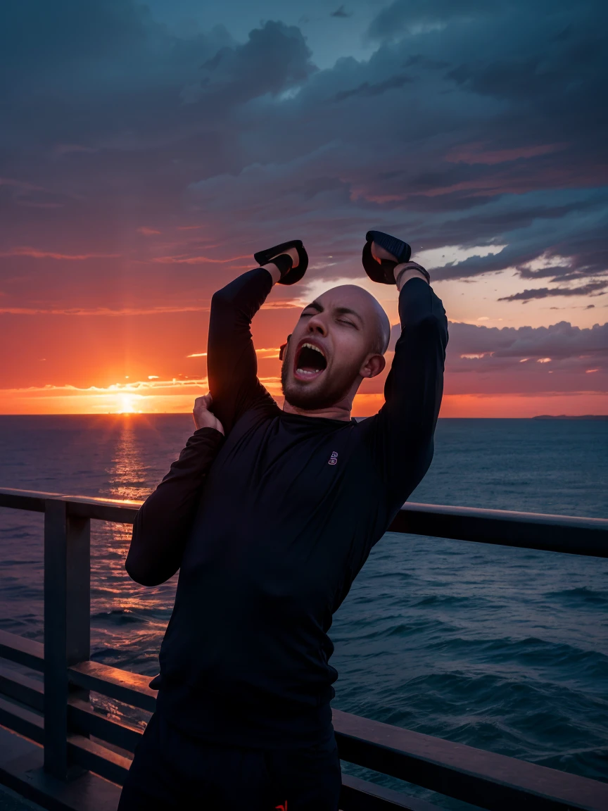 8K, photo, ultra realistic photo, foreground: 1 man, bald, dressed all in black, (both hands covering ears:1.7), (screaming:1.5), afraid, on a bridge over the sea, in-depth view of the bridge, under a blood-red sky, background: two shadows in the distance, staggering against the railing of a bridge, bridge overlooking the sea roiling as if in spasm, dark blue mountains contrasting with the fiery red sky