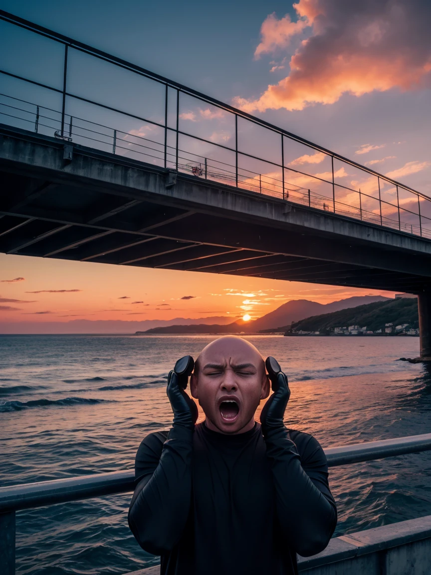 8K, photo, ultra realistic photo, foreground: 1 man, bald, dressed all in black, (both hands covering ears:1.7), (screaming:1.5), afraid, on a bridge over the sea, in-depth view of the bridge, under a blood-red sky, background: two shadows in the distance, staggering against the railing of a bridge, bridge overlooking the sea roiling as if in spasm, dark blue mountains contrasting with the fiery red sky