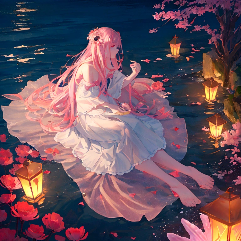 Seaside at night,Long shot,There is glowing sea water in the lower right corner of the picture,Glowing red flowers floating on the water、petal、Pink jellyfish、shell,Clear edge glow rendering,Screen fragmentation,Strong color contrast,Emphasize the bright colors in the lower right corner,Light and Shadow Art,Gorgeous, romantic, beautiful and dreamy atmosphere,Large game CG scenes,Light painting rendering,