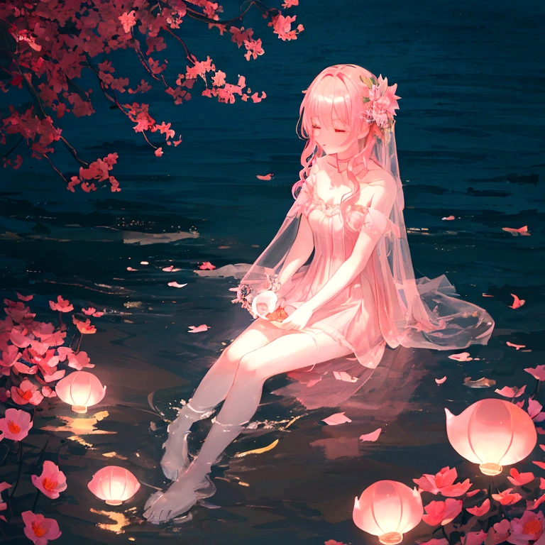 Seaside at night,Long shot,There is glowing sea water in the lower right corner of the picture,Glowing red flowers floating on the water、petal、Pink jellyfish、shell,Clear edge glow rendering,Screen fragmentation,Strong color contrast,Emphasize the bright colors in the lower right corner,Light and Shadow Art,Gorgeous, romantic, beautiful and dreamy atmosphere,Large game CG scenes,Light painting rendering,