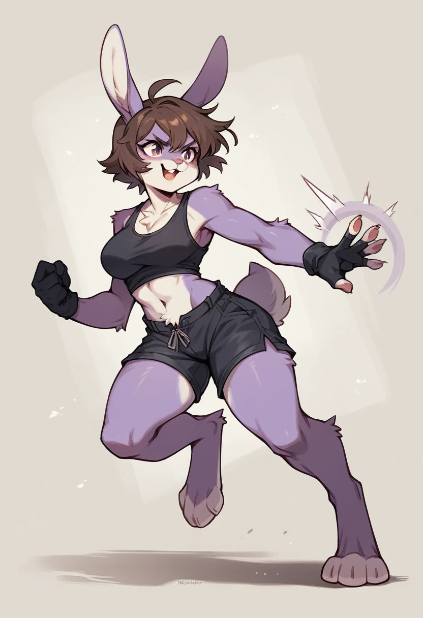 create a picture of a character with the upper body of a human but with purple giant rabbit digitigrade legs with white paws, put purple rabbit ears on top of her head, make her wearing black shorts and a black athletic tank top and black gloves, put purple fur on her arms from her elbows down, give her short brown hair, make her legs look fluffy and furry, make her look like she’s doing a powerful kick, make it in an anime style