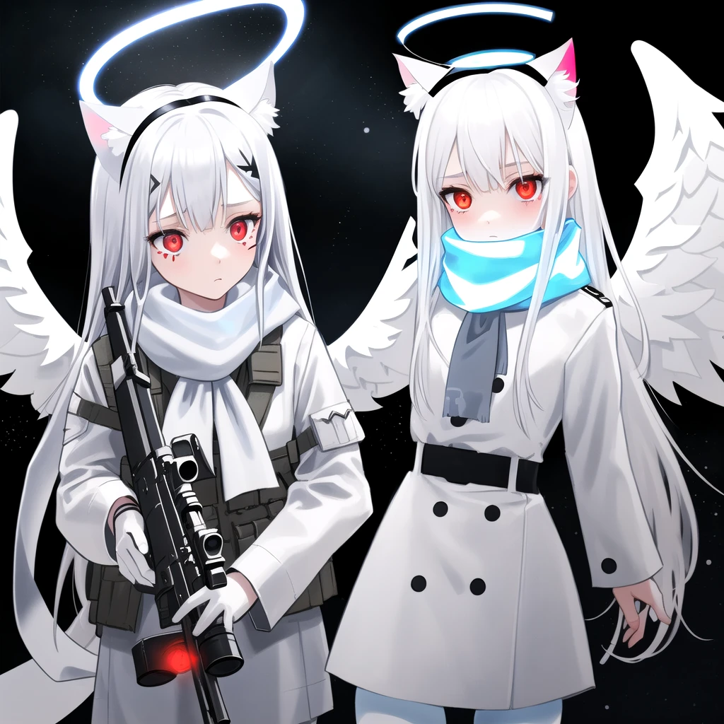 masterpiece, highest quality, highest resolution, clear_image, detailed details, White hair, long hair, cat ears, 1 girl, red eyes, white pantyhose, sci-fi military clothing (with a light blue glow), white scarf (white scarf around the neck), gray futuristic halo (gray halo over the head), white wings, holding rifle, cute, no water marks, outer space