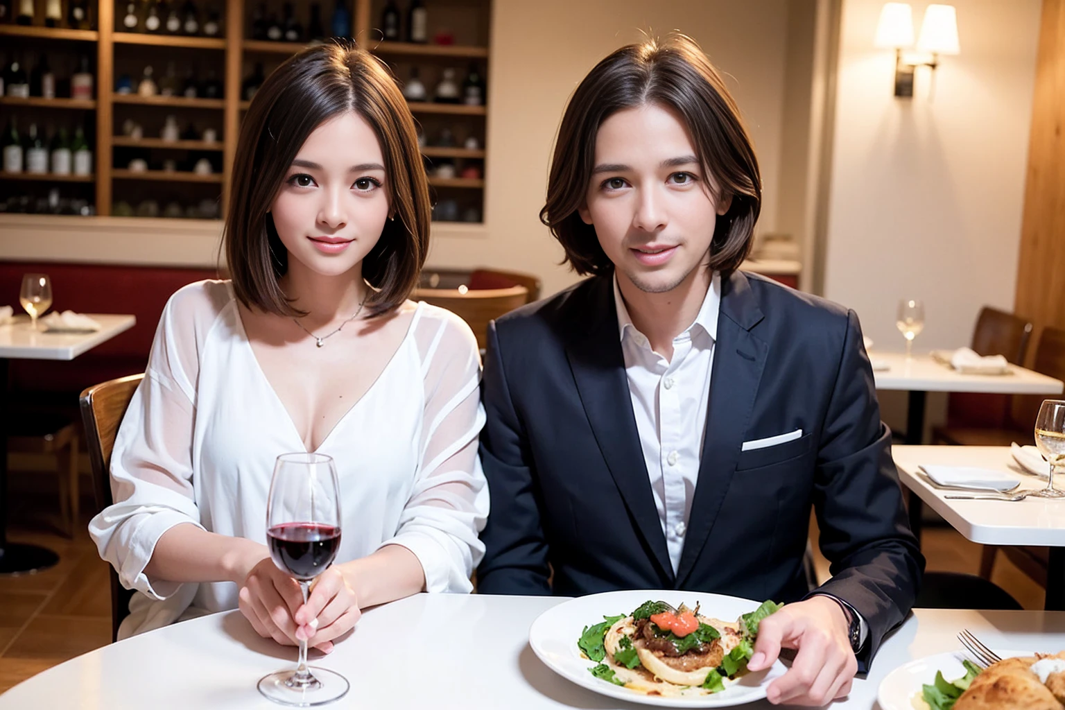 ((Highest quality、8K、masterpiece:1.3))、1 male、1 female、Slim Beauty、Beautiful couple、smile、full-course dinner、 (Slim face), (the body is ス??), (Brown Hair), (Shortcuts), ((Bob Hale、Straight hair:1.2)), テーブルの上のwine glass、Put the light on your face、 Amazing view of the sunset sky and clouds、smileの美しさ、Bright image、Blushing, Shortcuts, (43 years old), 39 years old, Appetizers、Italian food、Wine bottle、Champagne、sparkling wine、Long sleeve shirt、dress、Attractive beauty、restaurant, Nova Frog Style, actress, model, Upper Body, White wine, red wine, wine glass, 