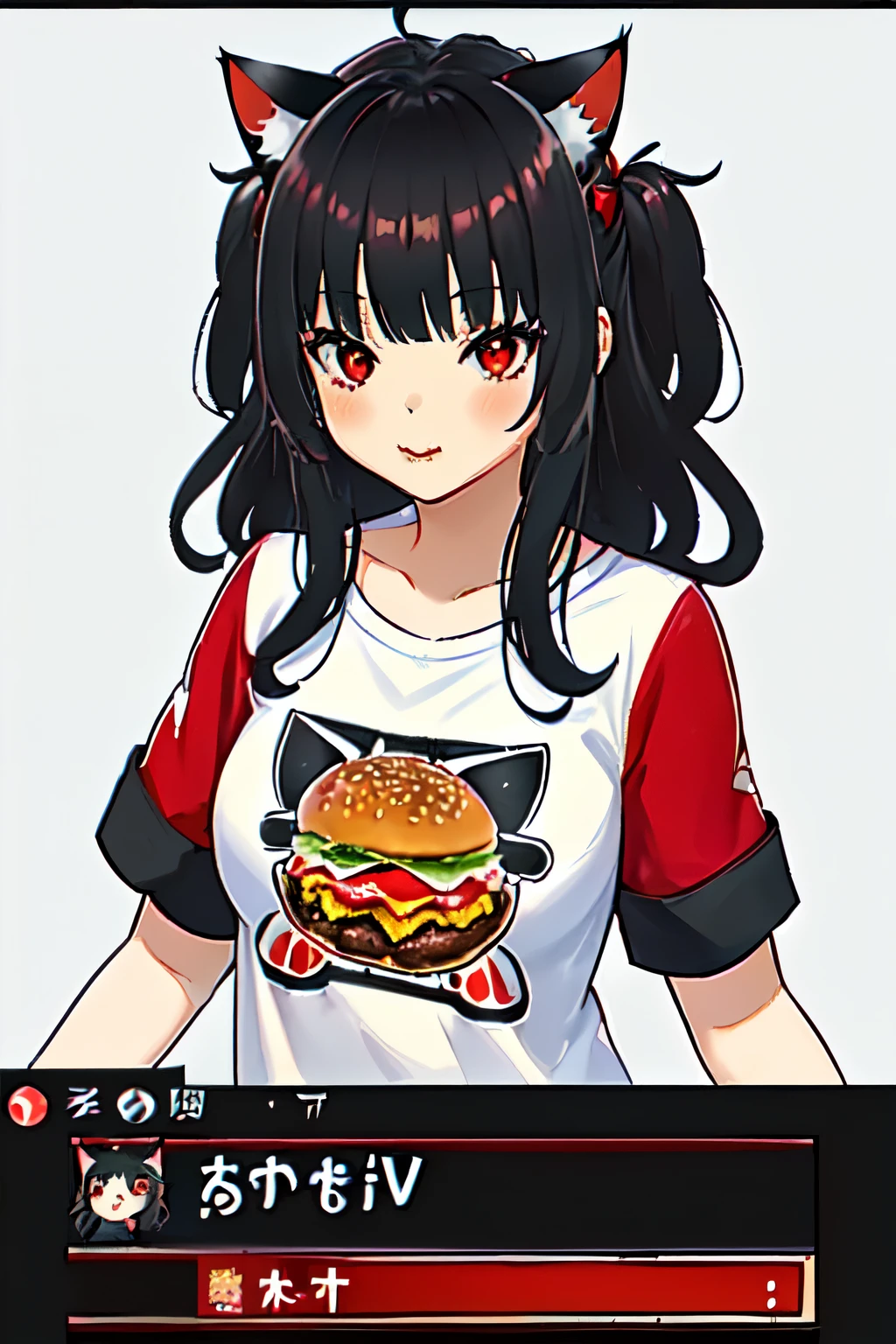 ((junkotvv black hair with bangs and cat ears, Red eyes)), )High school girl eating kfc burger wearing kfc print t-shirt, holding a KFC burger in one hand and KFC fries in the other