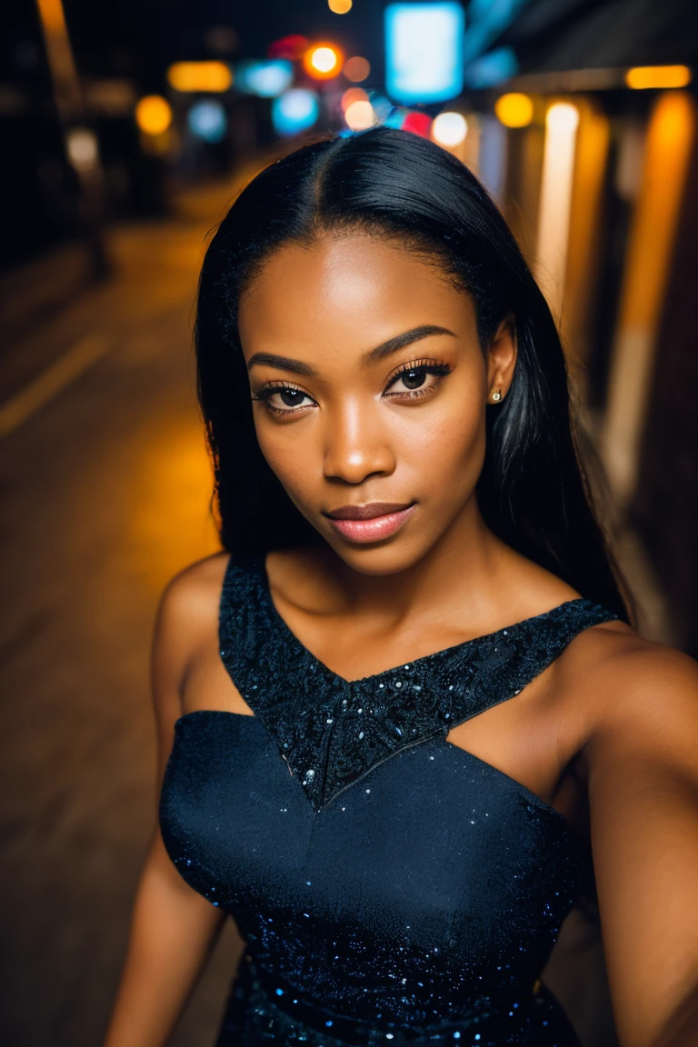 (Selfie Photo, from above:1.4), (half body postrait:1.4), RAW UHD portrait photo of a 28 year old African man (brown-eyed african woman) walking down a dark alley, natural breasts_b, nighttime city background, (Navy blue dress), (neckline), detailed (Textures!, Hair!, shine, color!!, Imperfections:1.1), highly detailed glossy eyes, (looking to the camera), specular lighting, DSLR, Ultra quality, sharp focus, thanks sharp, DOF, film grain, (centered), Fujifilm XT3, clear as crystal, Center of the frame, Beautiful face, sharp focus, streetlight, neon lights, bokeh, (dimly lit), low key, At night, (night sky) detailed skin pores, oiled skin, tan, intricate eye detail