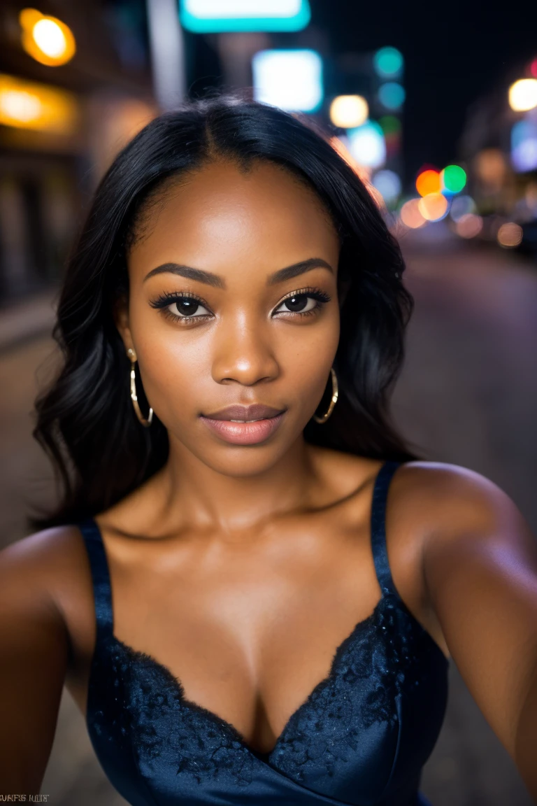 (Selfie Photo, from above:1.4), (half body postrait:1.4), RAW UHD portrait photo of a 28 year old African man (brown-eyed african woman) walking down a dark alley, natural breasts_b, nighttime city background, (Navy blue dress), (neckline), detailed (Textures!, Hair!, shine, color!!, Imperfections:1.1), highly detailed glossy eyes, (looking to the camera), specular lighting, DSLR, Ultra quality, sharp focus, thanks sharp, DOF, film grain, (centered), Fujifilm XT3, clear as crystal, Center of the frame, Beautiful face, sharp focus, streetlight, neon lights, bokeh, (dimly lit), low key, At night, (night sky) detailed skin pores, oiled skin, tan, intricate eye detail