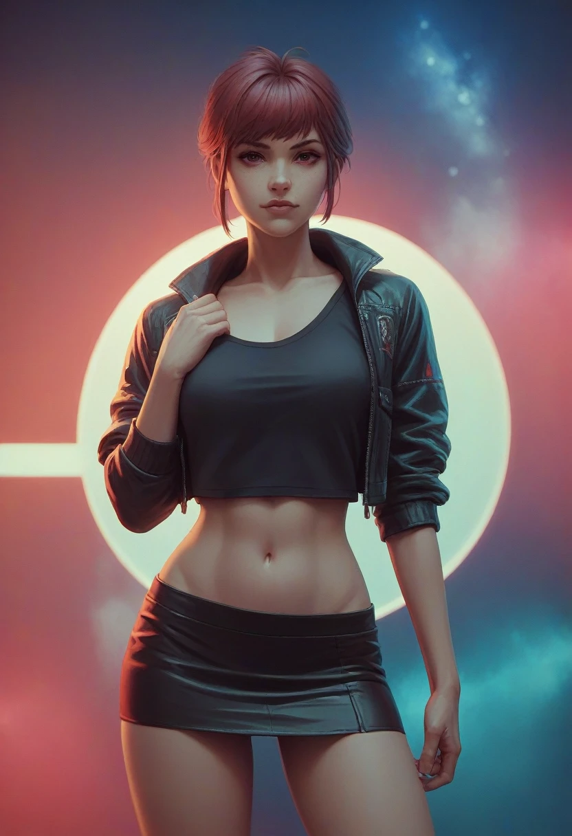 girl in a short skirt, one, волосы Twin-Tail, hair color red black, 3D wallpaper in high quality, neon space in the background, front view.