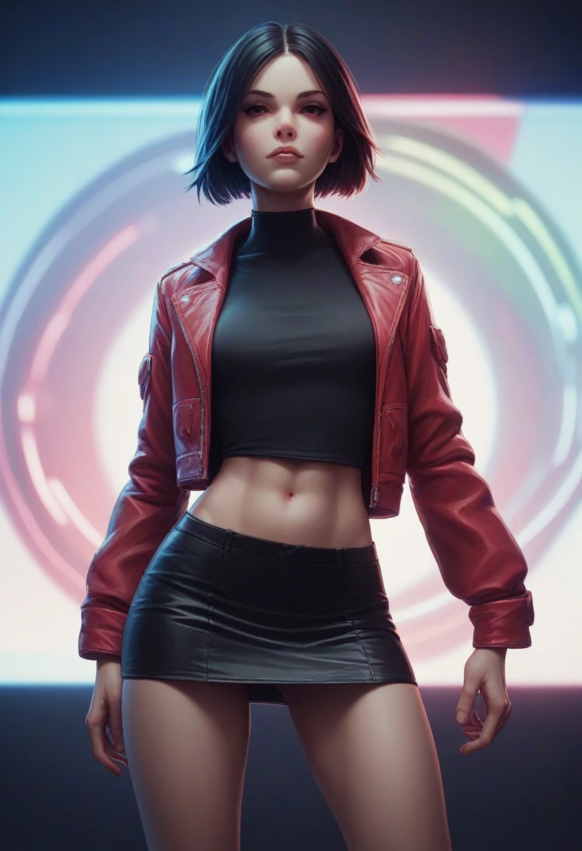 girl in a short skirt, one, волосы Twin-Tail, hair color red black, 3D wallpaper in high quality, neon space in the background, front view.