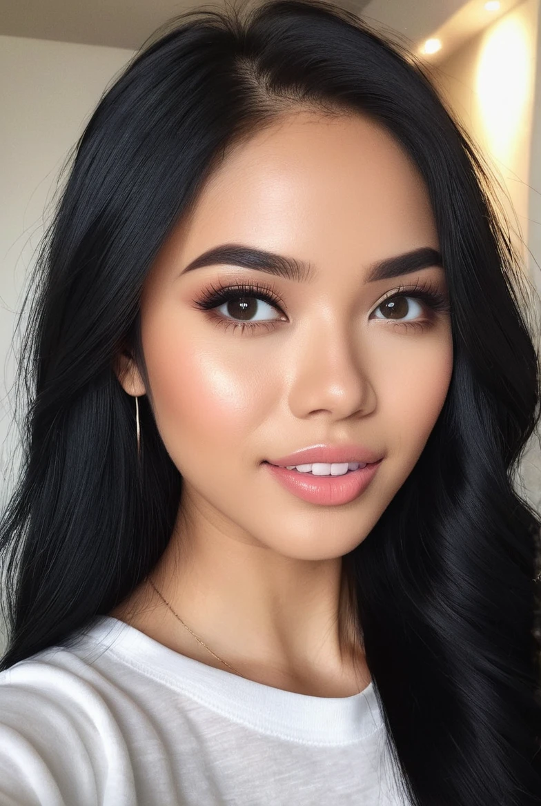 A photo of an attractive Filipina girl with long black hair, wearing casual clothes, soft and natural makeup, photorealistic, high quality, taken on an iPhone in the style of a selfie