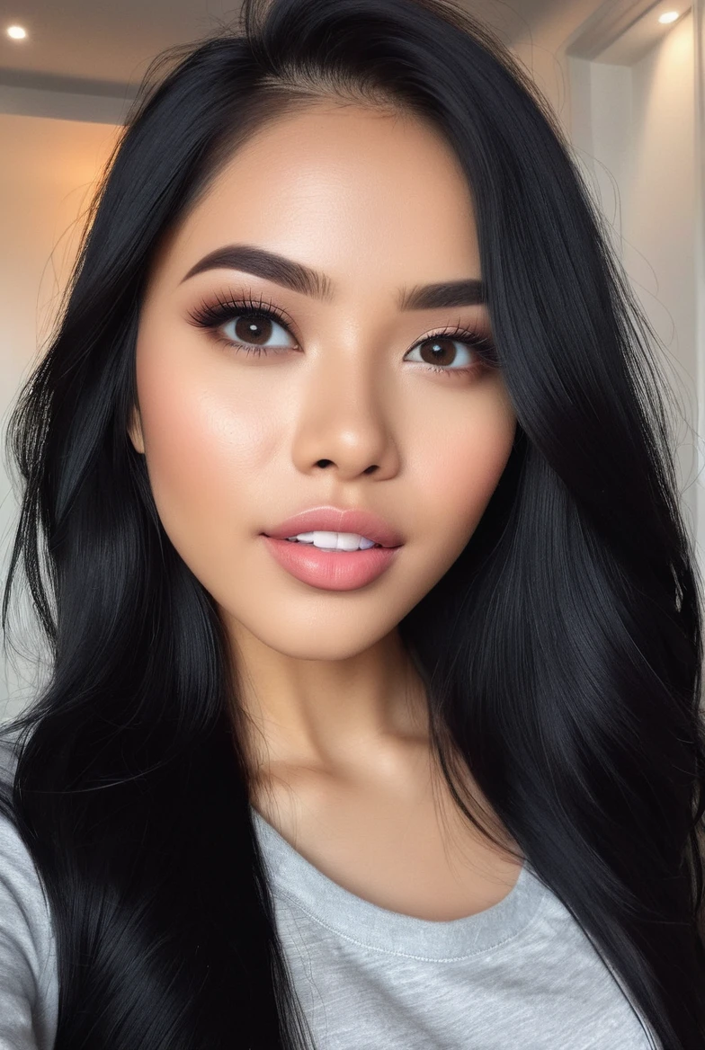A photo of an attractive Filipina girl with long black hair, wearing casual clothes, soft and natural makeup, photorealistic, high quality, taken on an iPhone in the style of a selfie
