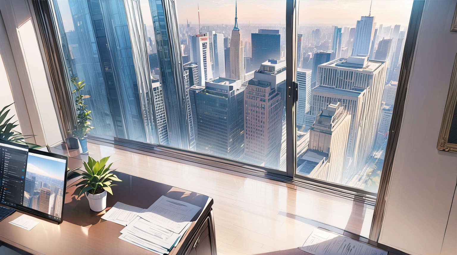 ((best quality)), ((masterpiece)), (detailed), office, president's office, floor-to-ceiling windows, top-down view scene,Potted plants，There is a computer and documents on the desk