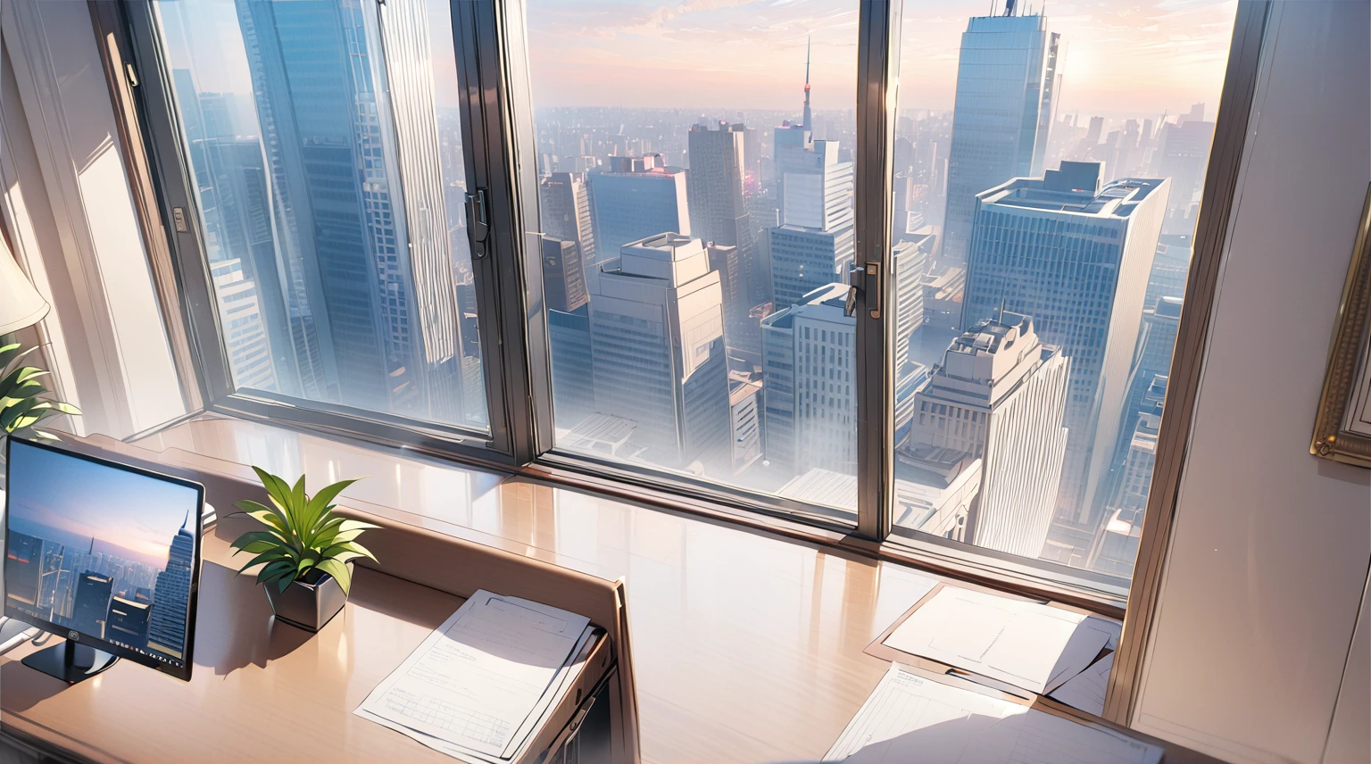 ((best quality)), ((masterpiece)), (detailed), office, president's office, floor-to-ceiling windows, top-down view scene,Potted plants,There is a computer and documents on the desk
