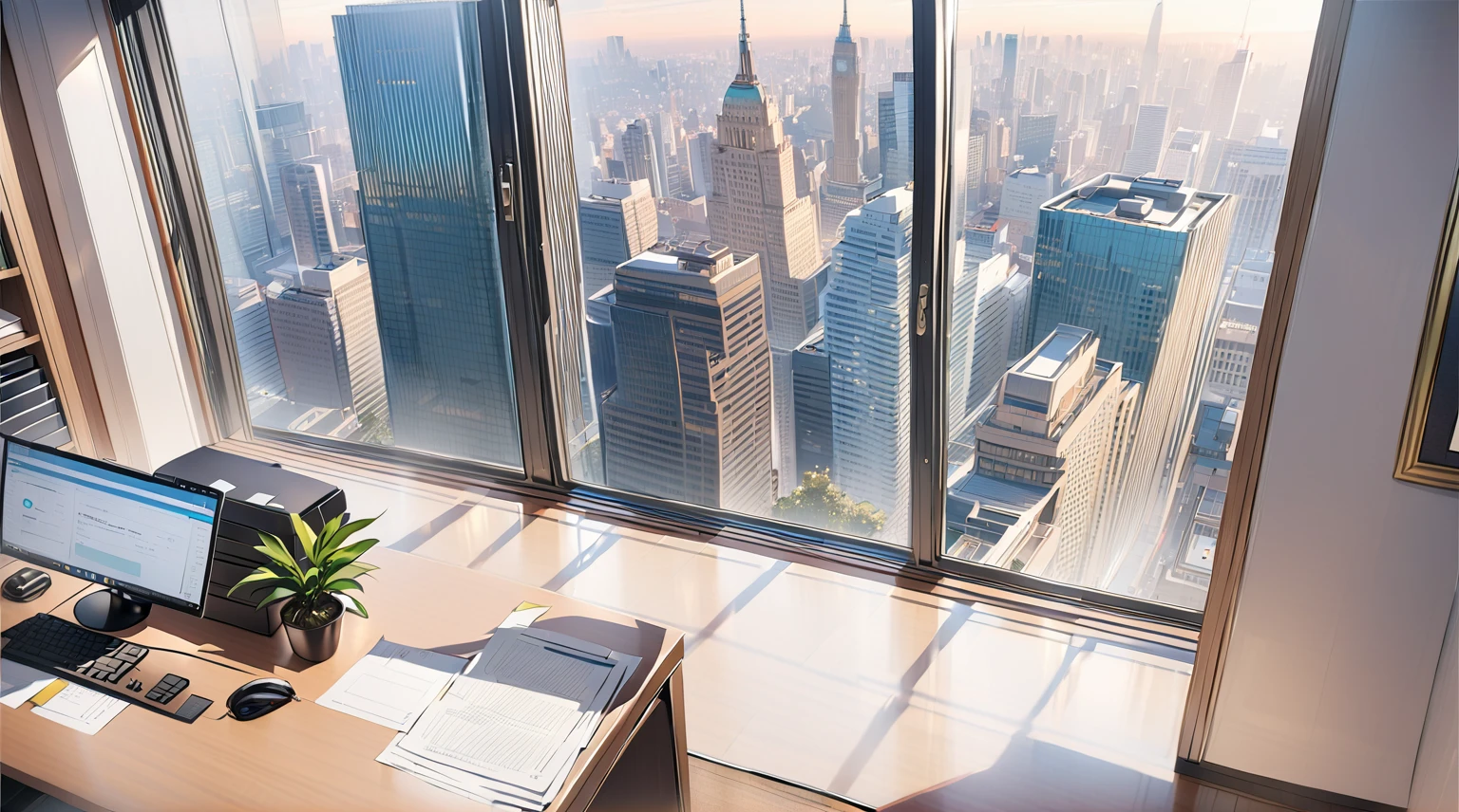 ((best quality)), ((masterpiece)), (detailed), office, president's office, floor-to-ceiling windows, top-down view scene,Potted plants,There is a computer and documents on the desk
