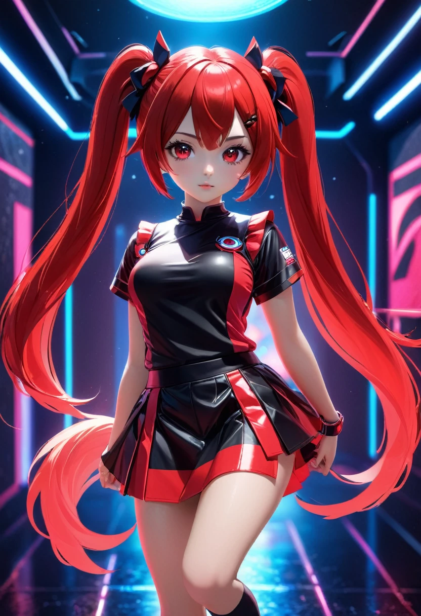girl in a short skirt, one, волосы Twin-Tail, hair color red black, 3D wallpaper in high quality, neon space in the background, front view.