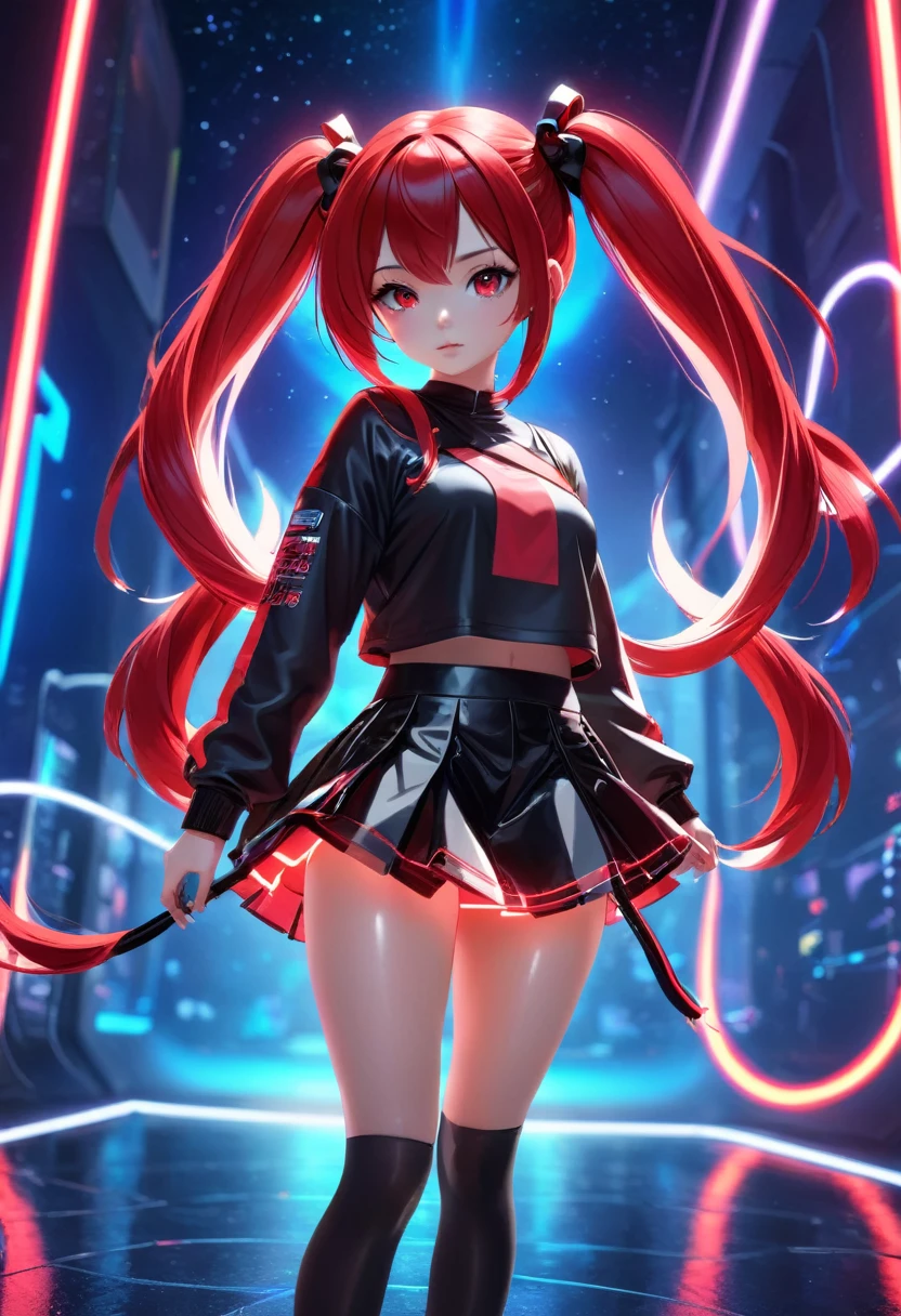 girl in a short skirt, one, волосы Twin-Tail, hair color red black, 3D wallpaper in high quality, neon space in the background, front view.