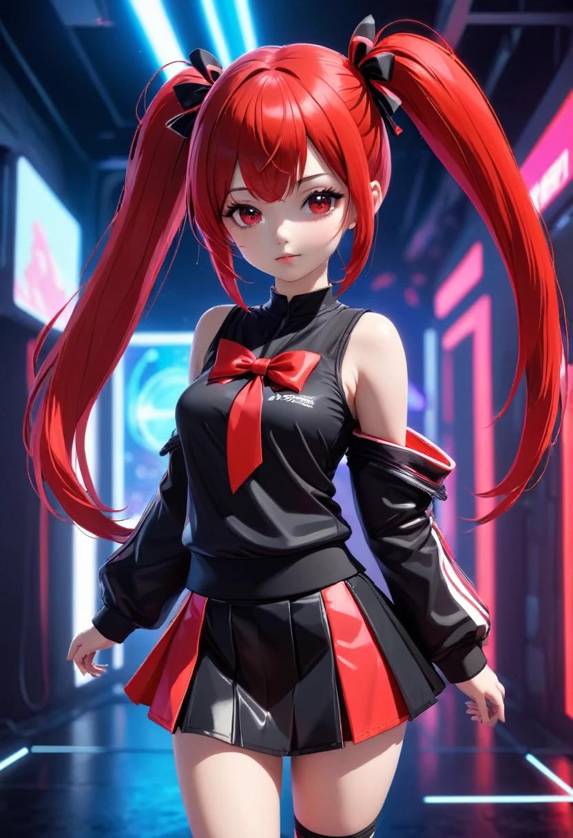 girl in a short skirt, one, волосы Twin-Tail, hair color red black, 3D wallpaper in high quality, neon space in the background, front view.