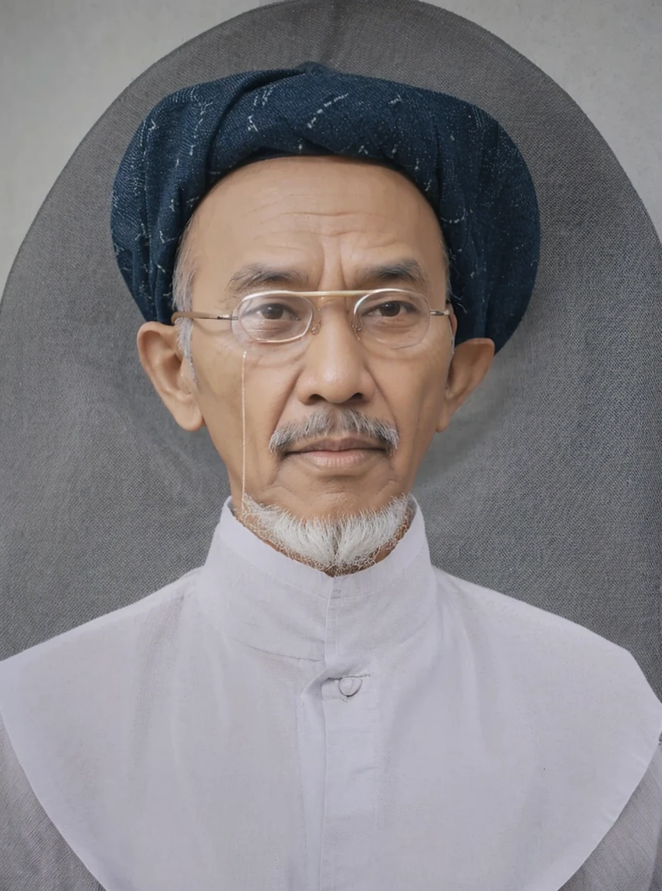 Indonesian Muslim male, measuring 45 years or above, wrinkled brown skin, wearing small transparent glasses, blue head covering, wearing old Islamic clothes, oval face, slightly narrow eyes, not too thick lips, has a beard, and thin mustache, HD realistic picture