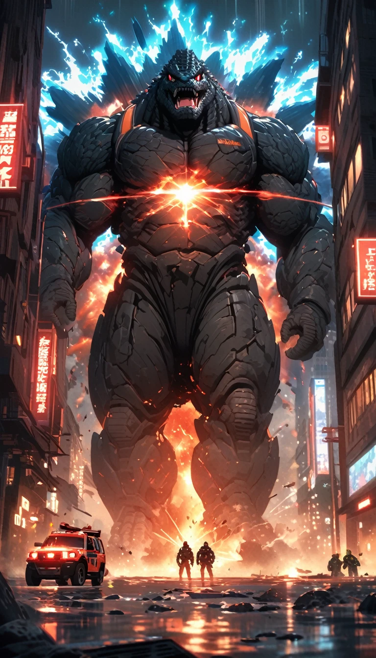 Flat coating,Vector illustration,Rich details,Angry super giant Godzilla in the city looking down at the city below,(((The dorsal fin is filled with blue energy))),((glow effect)),Huge waves hit the city,explode,Red light soars into the sky,Broken and collapsed building,standing water,stone,exposed steel bars,electric spark,Aerial viewing angle,colorful,Rescue helicopters,depth of field,Movie lighting,Super fine
