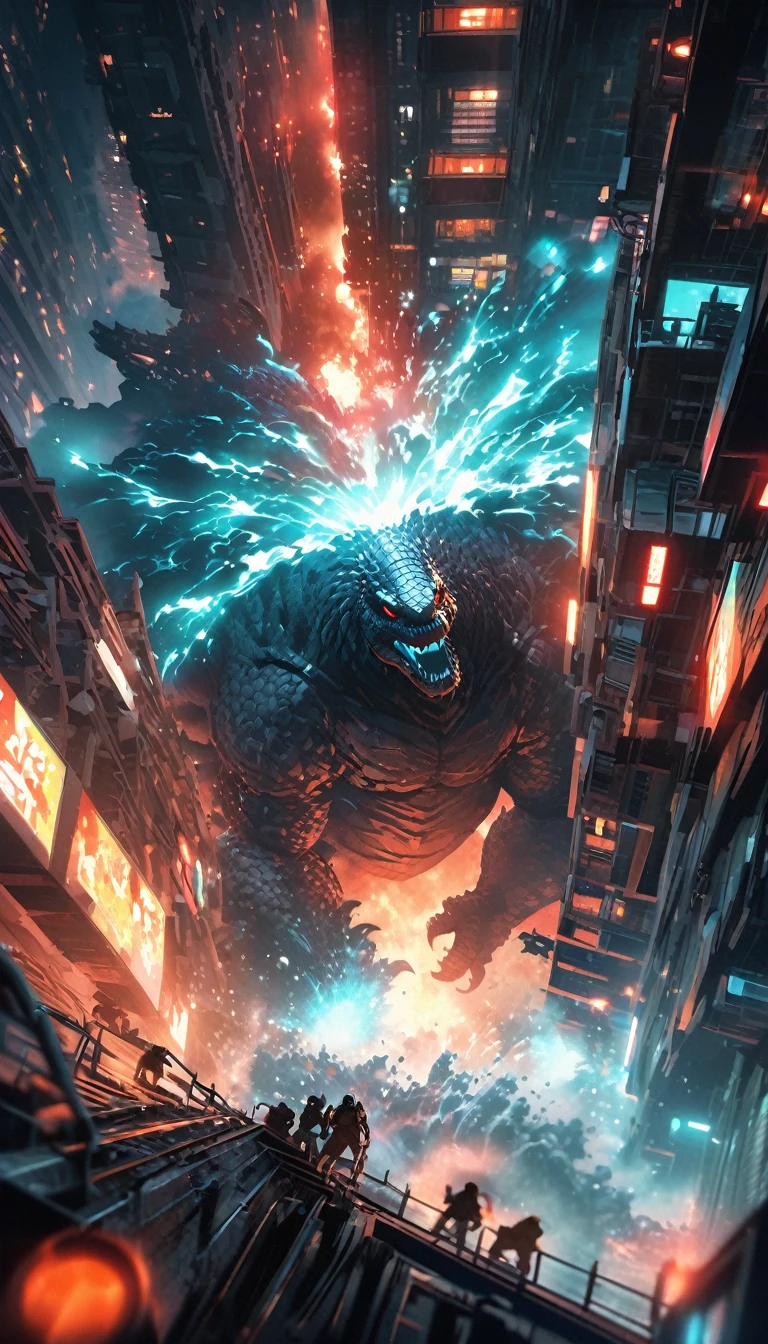 Flat coating,Vector illustration,Rich details,Angry super giant Godzilla in the city looking down at the city below,(((The dorsal fin is filled with blue energy))),((glow effect)),Huge waves hit the city,explode,Red light soars into the sky,Broken and collapsed building,standing water,stone,exposed steel bars,electric spark,Aerial viewing angle,colorful,Rescue helicopters,depth of field,Movie lighting,Super fine