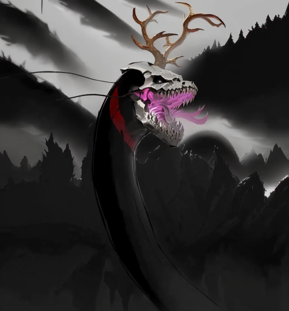 there is a drawing of a snake with a skull for a head like a skullcrawler, dark high-contrast concept art, nightmarish illustration, an scp anomalous object, wendigo, creepy!!!, ominous creature hiding detailed, dark!, the wendigo, looming creature with a long, creepy!!, an ominous fantasy illustration, scary picture, in a forest made of nightmares. Big scar on its neck. Barbels and antlers
