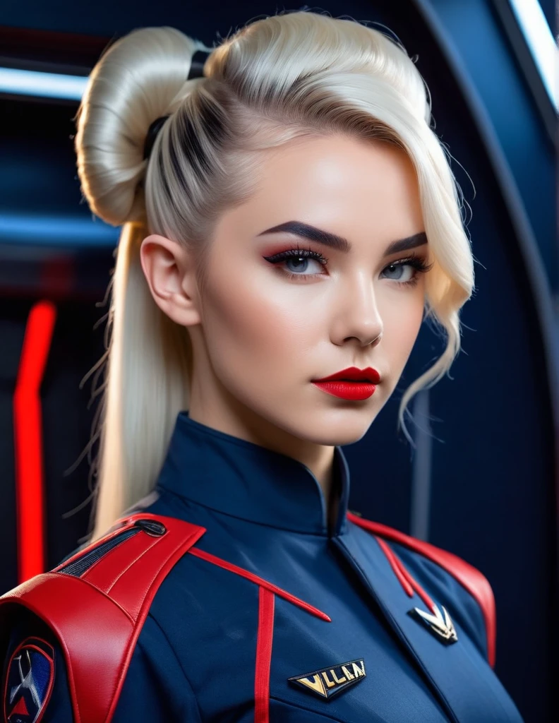 very attractive 25 year old girl with long platinum blonde hair, Vulcan woman, emb-haiz, updo hair, wearing enterprise uniform, female fit, , dark blue jumpsuit, red piping on shoulders. closeup. , dark sci-fi interior. vulcan ears and vulcan eyebrows. very realistic