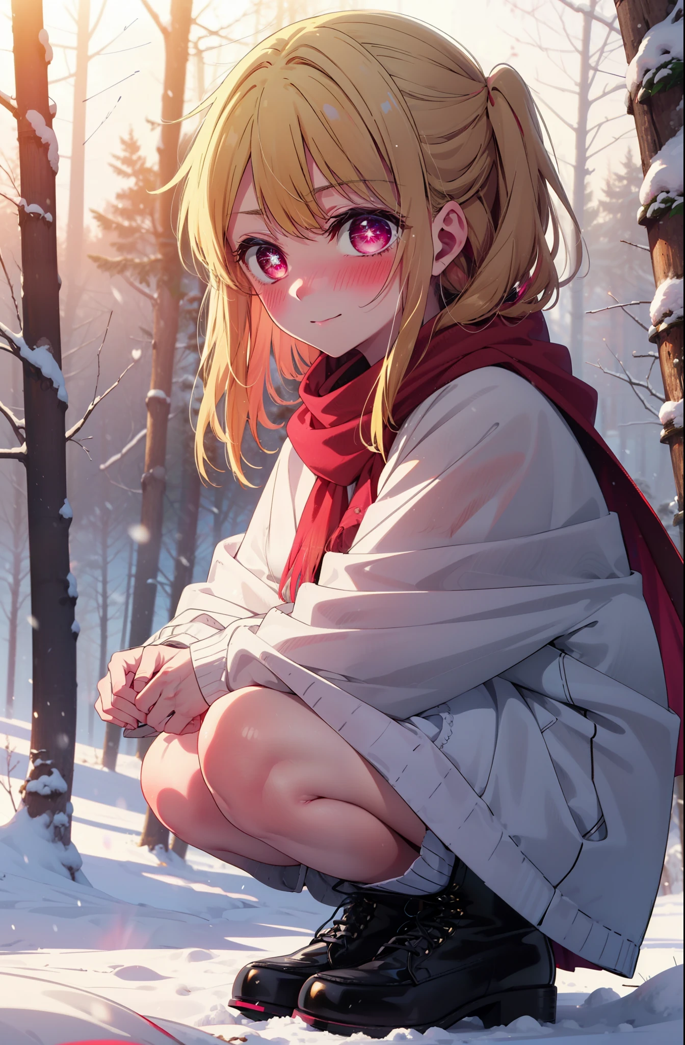 rubyhoshino, Hoshino Ruby, Long Hair, bangs, Blonde, (Pink Eyes:1.3), Side Lock, (Symbol-shaped pupil:1.5), Multicolored Hair, Two-tone hair, smile,,smile,blush,White Breath,
Open your mouth,snow,Ground bonfire, Outdoor, boots, snowing, From the side, wood, suitcase, Cape, Blurred, , forest, White handbag, nature, Squat, Mouth closed, Cape, winter, Written boundary depth, Black shoes, red Cape break looking at viewer, Upper Body, whole body, break Outdoor, forest, nature, break (masterpiece:1.2), Highest quality, High resolution, unity 8k wallpaper, (shape:0.8), (Beautiful and beautiful eyes:1.6), Highly detailed face, Perfect lighting, Highly detailed CG, (Perfect hands, Perfect Anatomy),