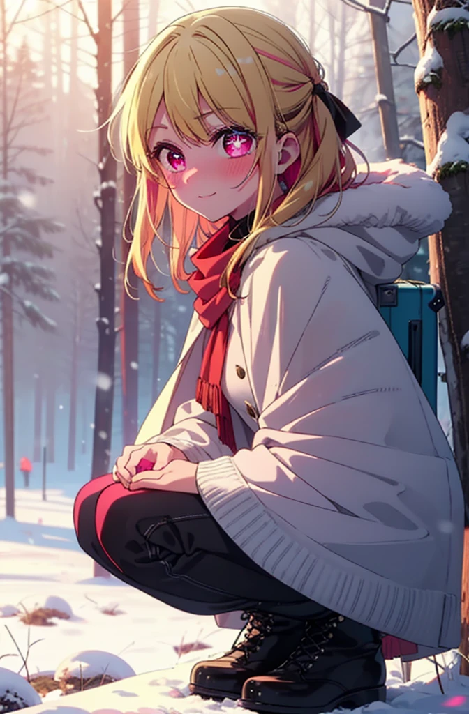 rubyhoshino, Hoshino Ruby, Long Hair, bangs, Blonde, (Pink Eyes:1.3), Side Lock, (Symbol-shaped pupil:1.5), Multicolored Hair, Two-tone hair, smile,,smile,blush,White Breath,
Open your mouth,snow,Ground bonfire, Outdoor, boots, snowing, From the side, wood, suitcase, Cape, Blurred, , forest, White handbag, nature, Squat, Mouth closed, Cape, winter, Written boundary depth, Black shoes, red Cape break looking at viewer, Upper Body, whole body, break Outdoor, forest, nature, break (masterpiece:1.2), Highest quality, High resolution, unity 8k wallpaper, (shape:0.8), (Beautiful and beautiful eyes:1.6), Highly detailed face, Perfect lighting, Highly detailed CG, (Perfect hands, Perfect Anatomy),