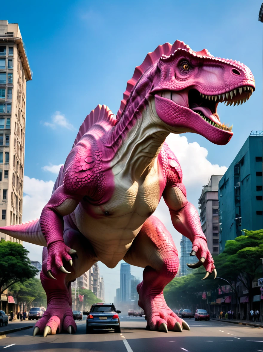 Imagine a giant otherworldly pink Tyrannosaurus, Rough pink scales on the body, Standing upright on two strong legs, Two short arms with claws, scaly tail, Its head looks intimidating., Mouth with sharp teeth, Sharp eyes, This pink Tyrannosaurus is crushing the urban landscape with its feet, Compared with its huge size, building, The roads and vehicles seem small and fragile., The scene was filled with confusion and panic, The city residents witnessed the disaster., Stunned