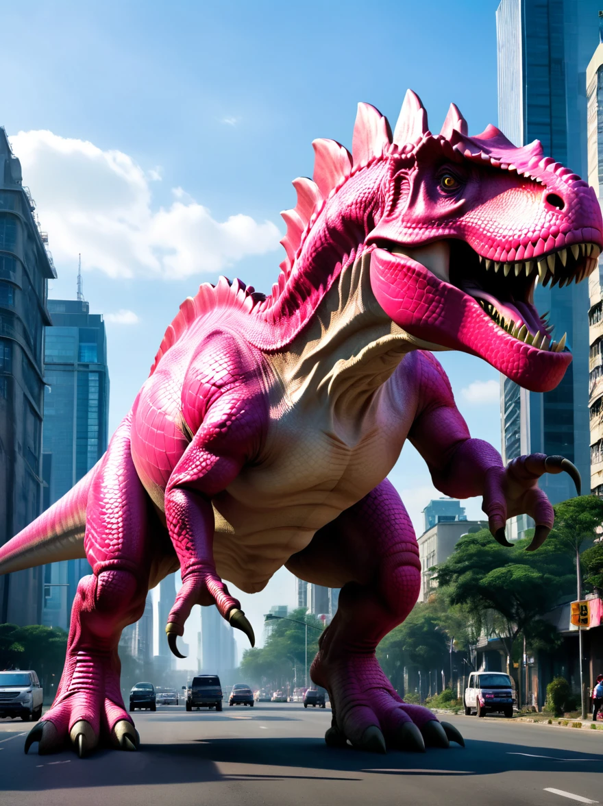 Imagine a giant otherworldly pink Tyrannosaurus, Rough pink scales on the body, Standing upright on two strong legs, Two short arms with claws, scaly tail, Its head looks intimidating., Mouth with sharp teeth, Sharp eyes, This pink Tyrannosaurus is crushing the urban landscape with its feet, Compared with its huge size, building, The roads and vehicles seem small and fragile., The scene was filled with confusion and panic, The city residents witnessed the disaster., Stunned