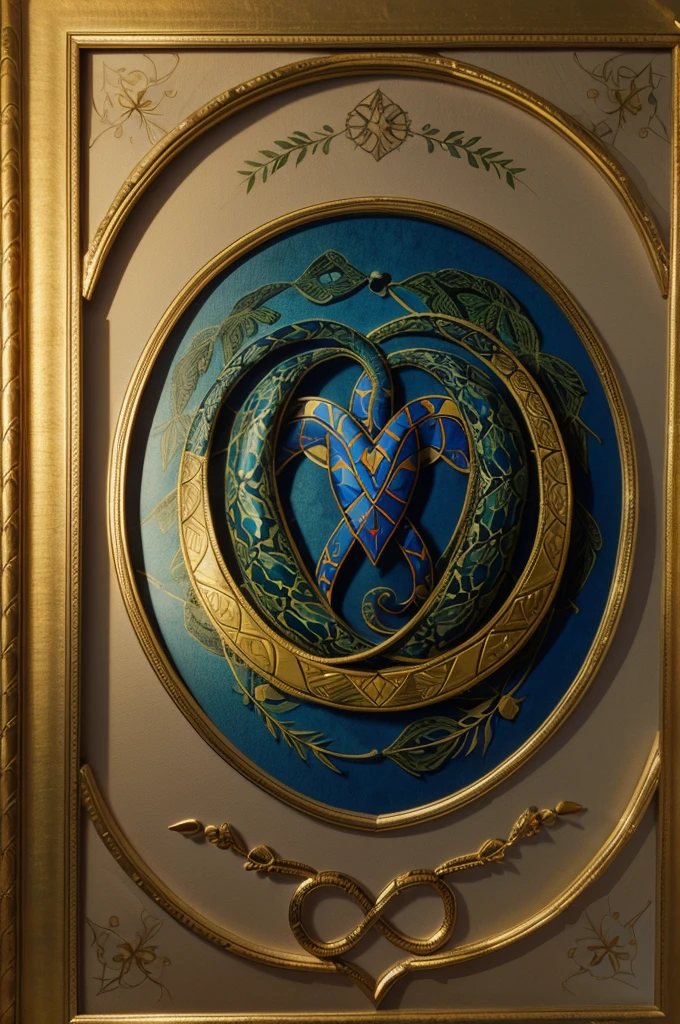 In the foreground, a snake wraps around a patterned magic wand. The image is made in high quality and framed by a vignette of intertwined trees in the shape of a heart. 
In the center is the letter "H" on the coat of arms. The image is made in graphic form.