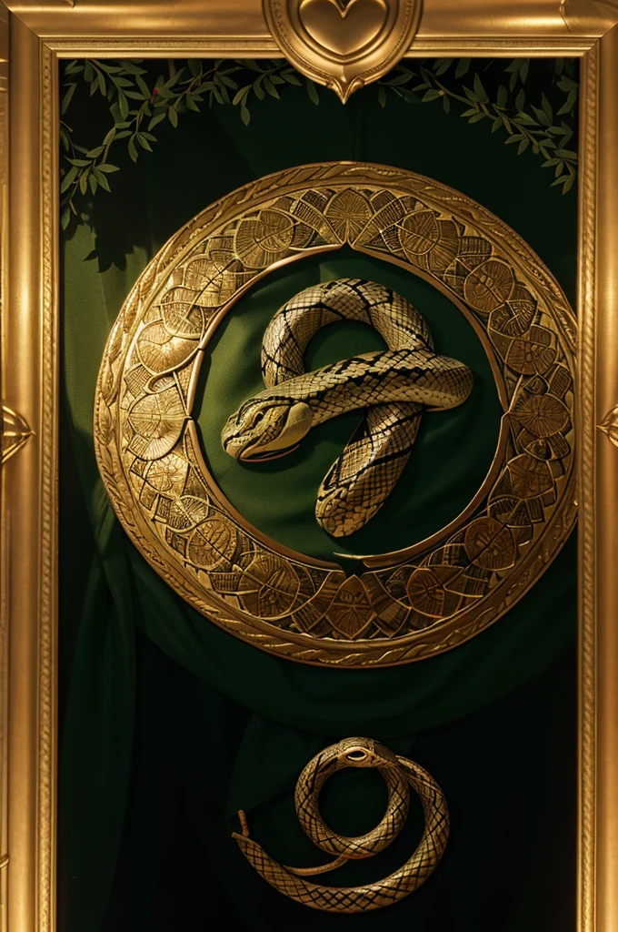 In the foreground, a snake wraps around a patterned magic wand. The image is made in high quality and framed by a vignette of intertwined trees in the shape of a heart.
In the center is the letter "H" on the coat of arms. The image is made in graphic form.