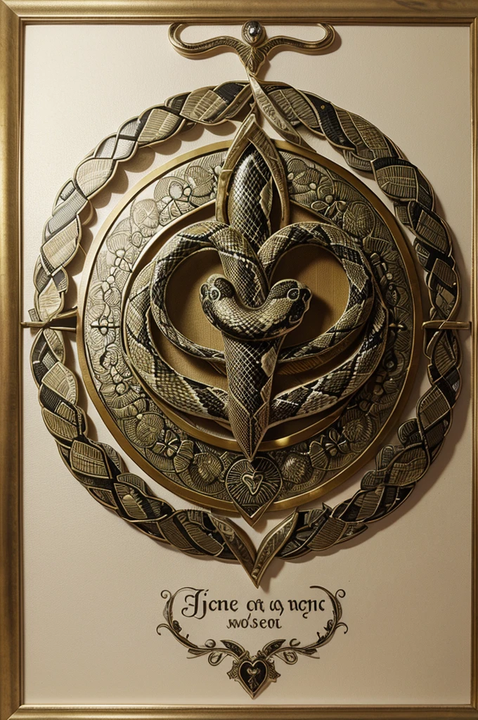 In the foreground, a snake wraps around a patterned magic wand. The image is made in high quality and framed by a vignette of intertwined trees in the shape of a heart. 
In the center is the letter "H" on the coat of arms. The image is made in graphic form.