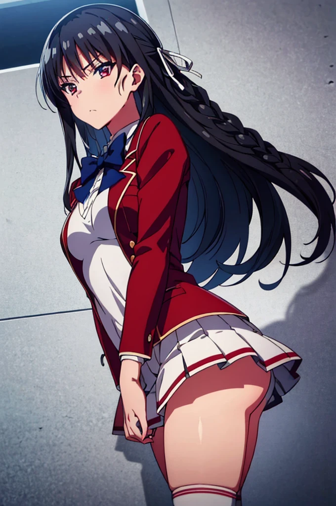 (masterpiece), (ultra detailed), (best illustration), super fine illustration, (official art:1.2), (anime screencap:1.2), detailed beautiful face and eyes, anime keyvisual, (perfect anatomy:1.5), 8k portrait, 
1girl,
Suzune Horikita, 
Suzune Horikita \(youjitsu\),
long hair, braid, 
black hair, 
(red eyes, slant eyes, small eyes), 
blue bow, 
medium breasts, 
, (red jacket), white skirt, pleated skirt, black thigh-high socks,
looking at viewer, 
cowboy shot, 
perfect light, 