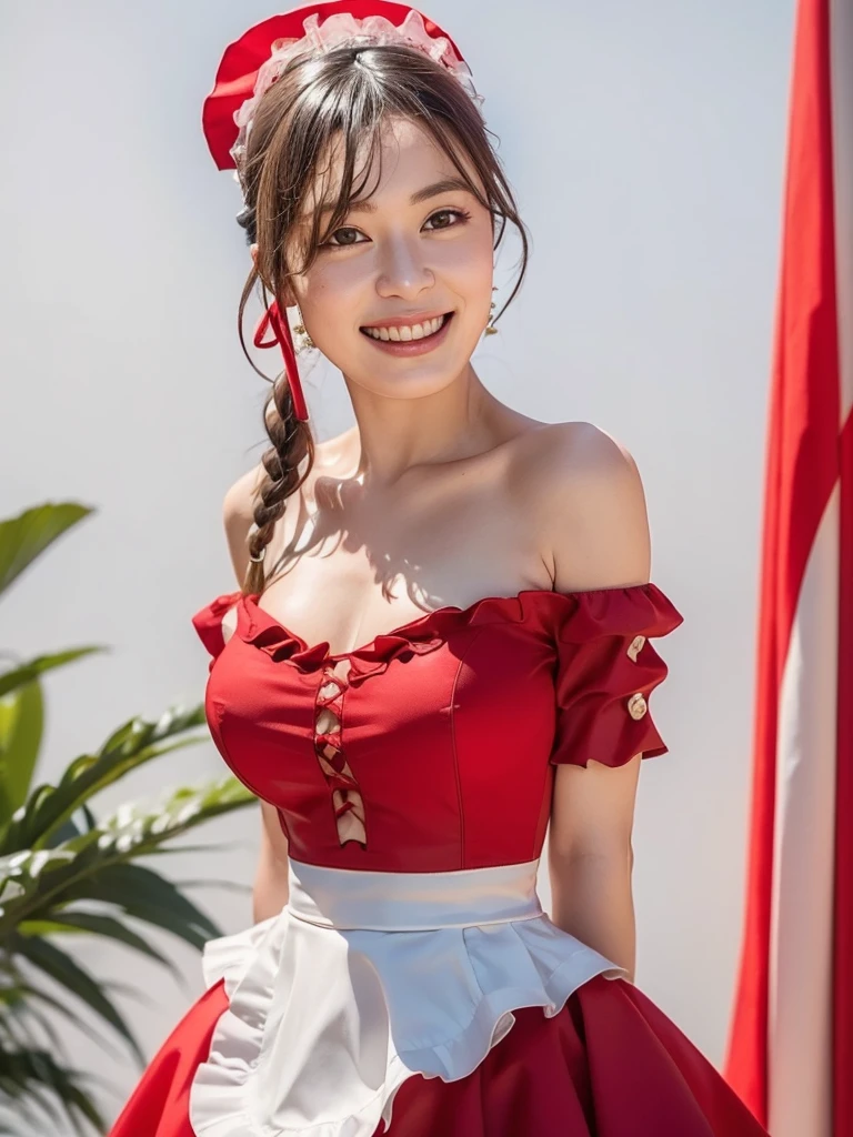 highest quality:1.3, masterpiece, Ultra-high resolution, realistic:1.3, solo:1.3, ((Clear Face)), sidelighting, cowboy shot, from above, (looking at camera:1.3), white background, (red frilled dress:1.3), standing, Showcasing cleavag, arms behind back, (big busts), smile