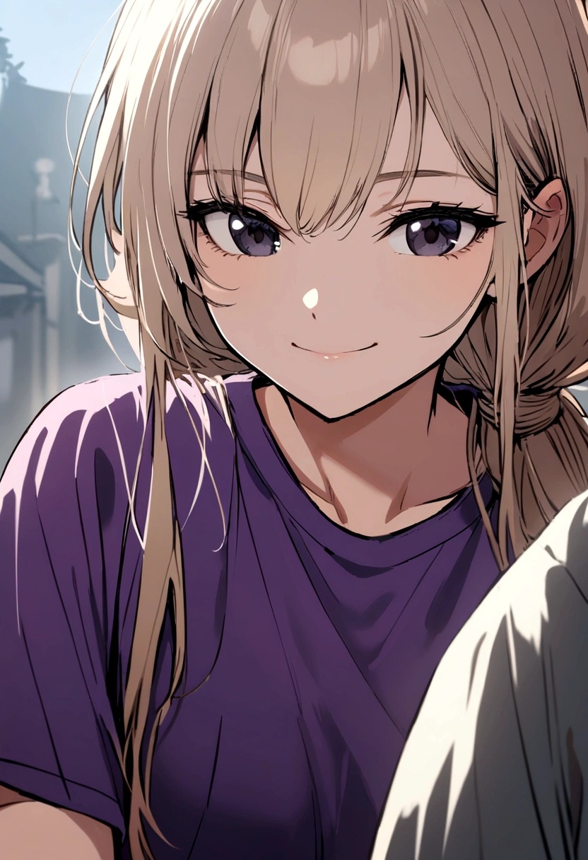 Girl with light apricot hair, hair tied long , no bangs, black eyes, gray glasses, purple t-shirt, sly smile