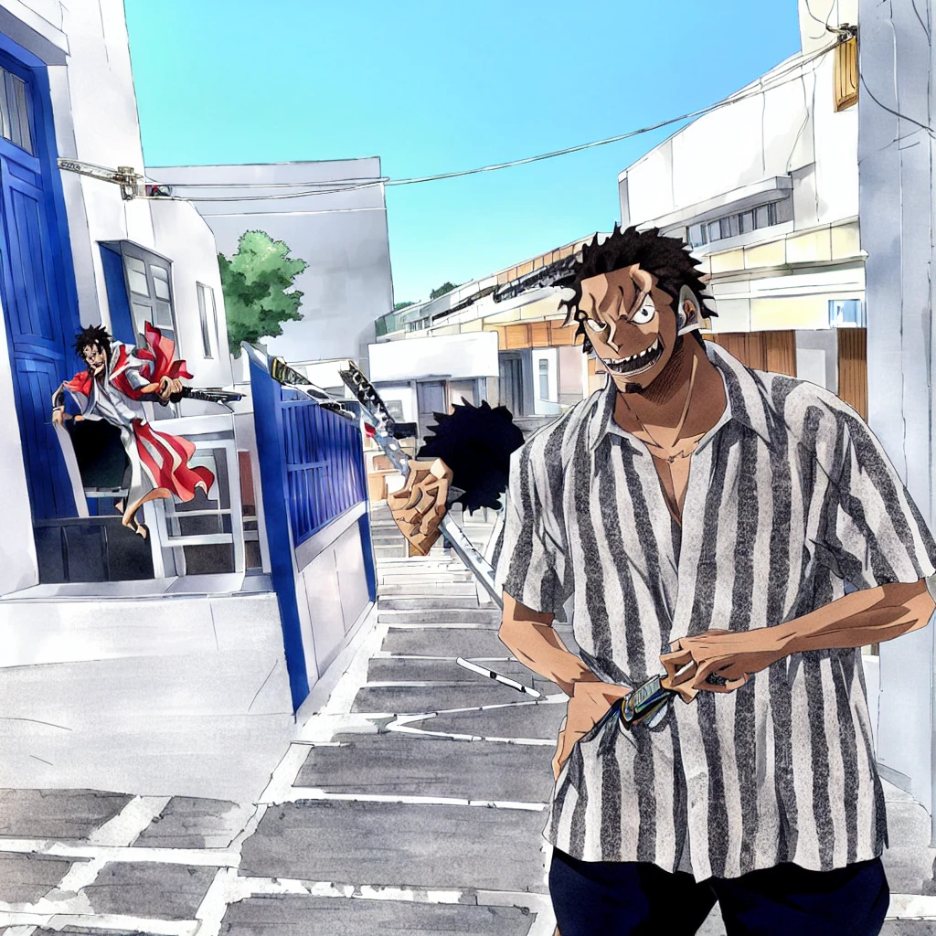 arafed man standing on a street in front of a building, young man, white shirt with grey stripes, Mappa studio style, Demon slayer style, hashira slayer