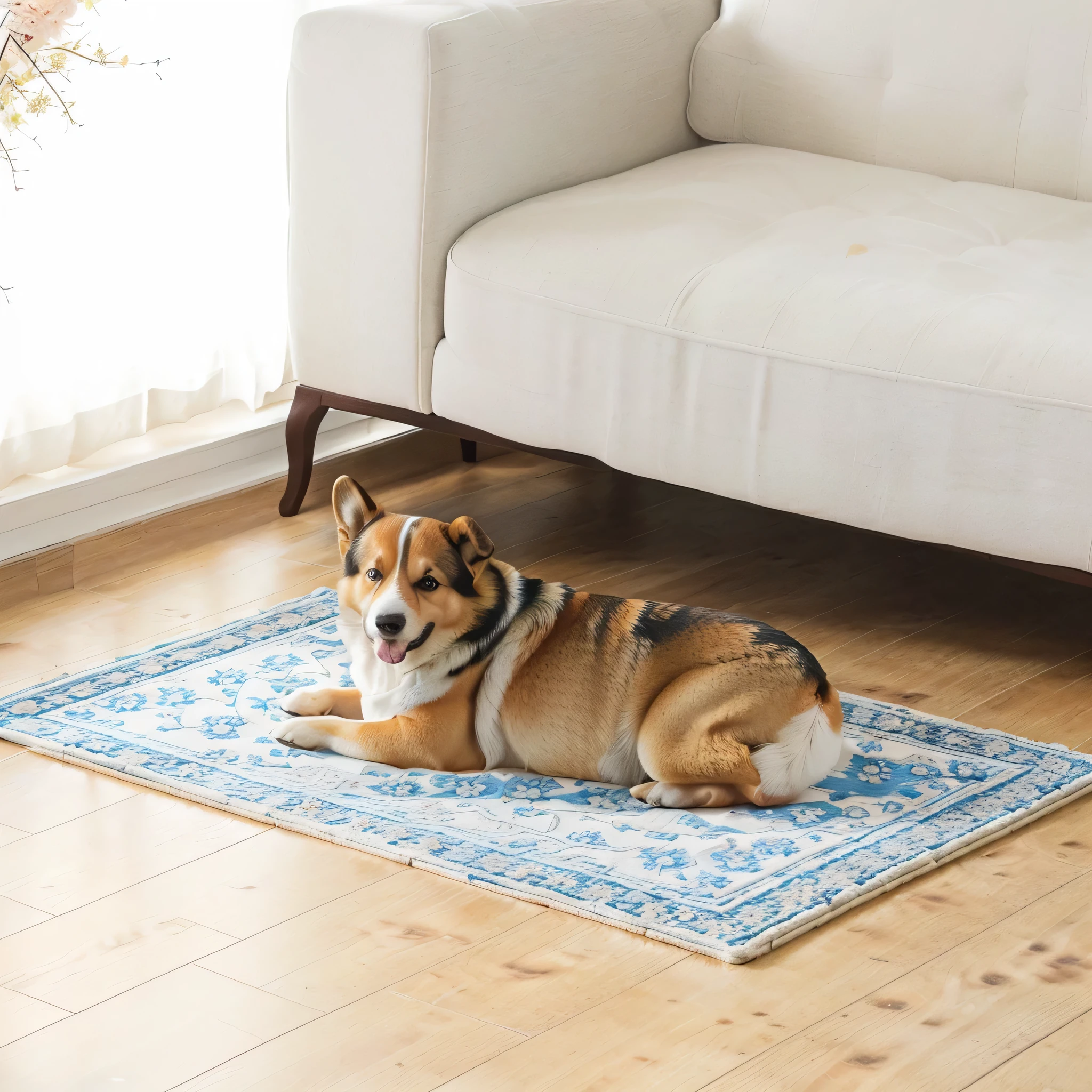 there is a dog that is laying on a Area rugs on the floor, cute Corgi, Place in the living room, Corgi, A calm mood, Area rugs, Light Bohemian Rug, Designed for comfort and aesthetics!, Artistic pose, Corgi with [ Angel Wings ]!!, puppy, detailed patterned Area rugs, Playful pose, relaxed poses，Japanese interior decoration style