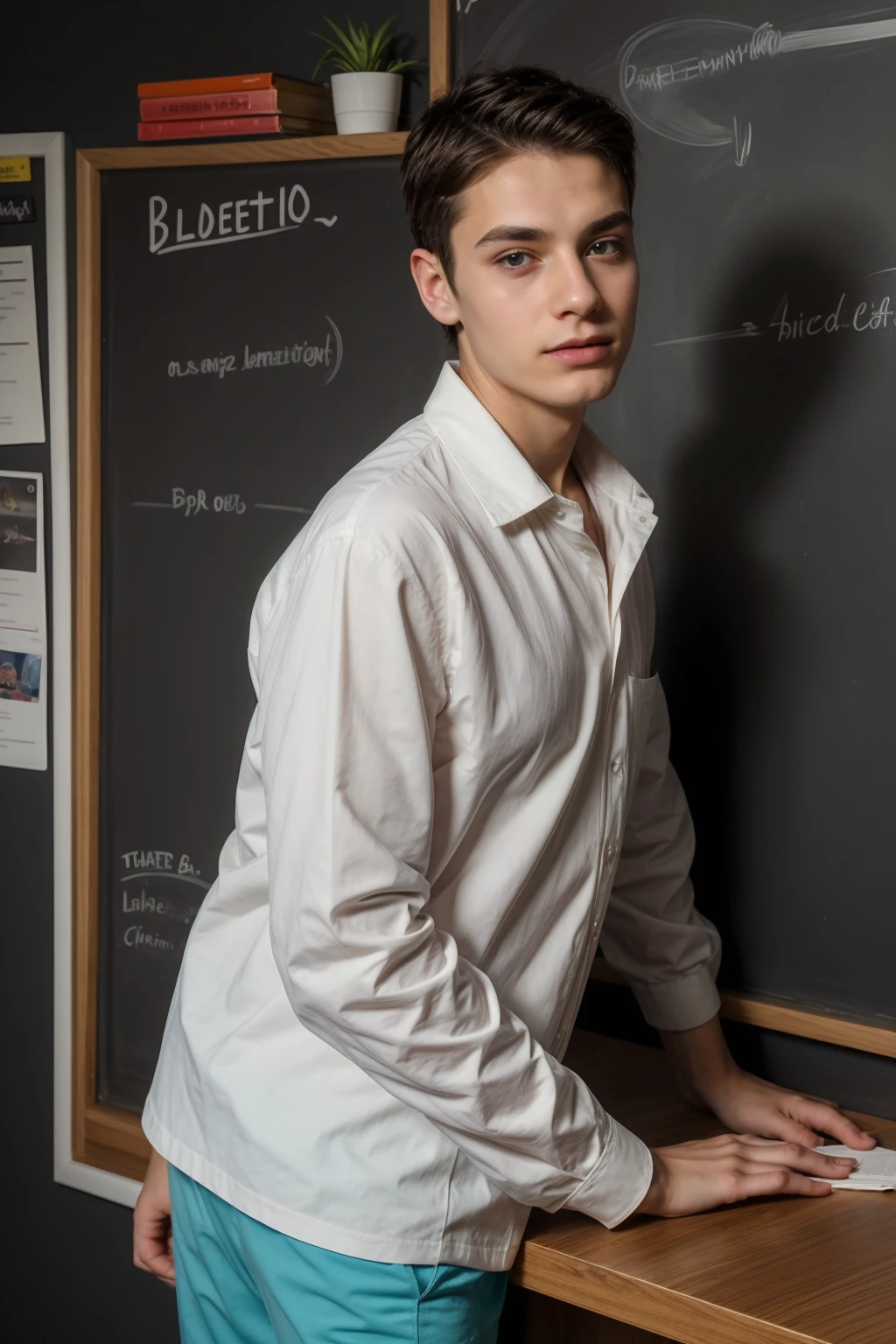 A beautiful young man, a cute male twink, with black hair, a face with reddish make-up, wearing a bright white long-sleeved shirt and aqua blue pants. He is in his office, and behind him is a blackboard on which is written the shape of the brain and its anatomy, and nuclear energy comes out of it, and in his hand is a doctorate.