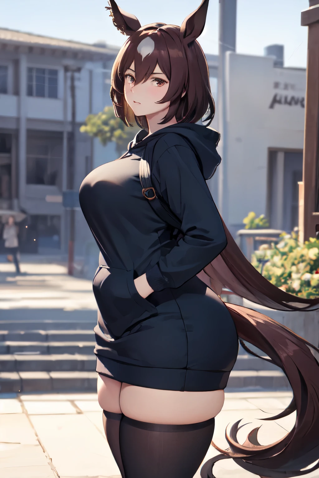 masterpiece, Highest quality, 1 person,( middle breasts、Are standing, View your viewers),Detailed Background、A person who writes in detail、Accurate human body、Knowledgeable person、Accurate 5 fingers, woman,Thick thighs,Curvy_body 0.8,alone, sirius symboli, horse ears, horse tail,Oversized hoodie、