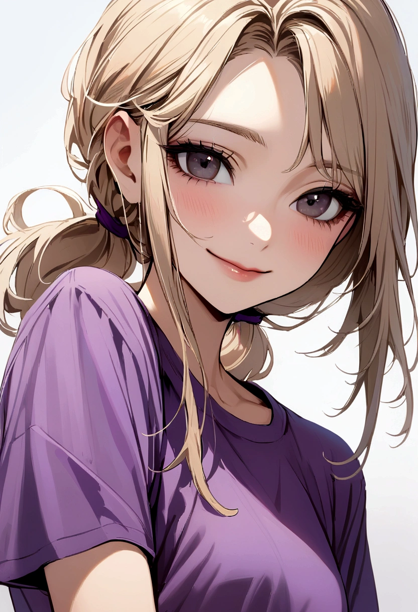 Girl with light apricot hair, hair tied long , no bangs, black eyes, gray glasses, purple t-shirt, sly smile\