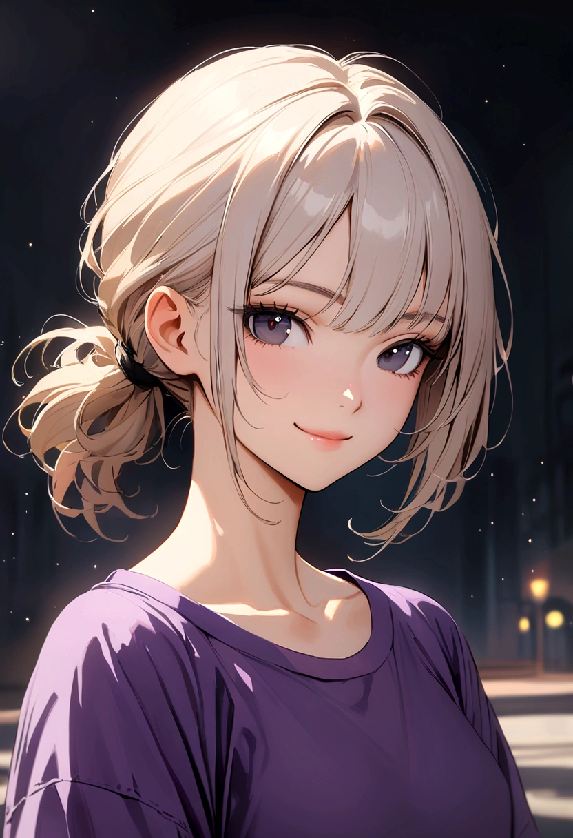 Girl with light apricot hair, hair tied long , no bangs, black eyes, gray glasses, purple t-shirt, sly smile\