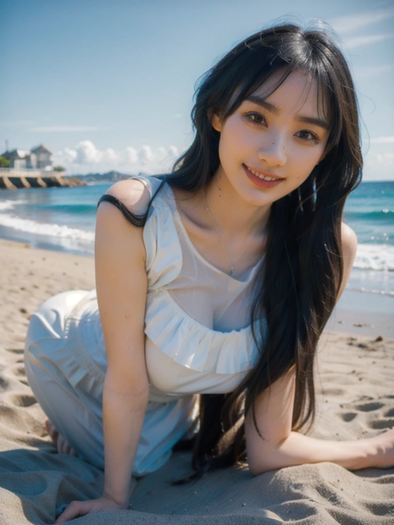 silver bikini, kneeling on sand, photo of jessicave, looking at camera, front view, long hair, (detailed face), at beach, potrait body, mouth closed, smiling, black eyes, 1 girl, 20yo,Young female,Beautiful Finger,Beautiful long legs,Beautiful body, Beautiful Nose,Beautiful character design, perfect eyes, perfect face,expressive eyes,perfect balance, (looking at viewer), official art,extremely detailed CG unity 8k wallpaper, Colorful, White skin, (masterpiece:1.0),(best_quality:1.0), ultra high res,4K,ultra-detailed, photography, 8K, HDR, highres, absurdres:1.2, Kodak portra 400, film grain, (vibrant_color:1.2),professional photograph, (Beautiful,huge_Breasts:1.4), (beautiful_face:1.5),(narrow_waist)