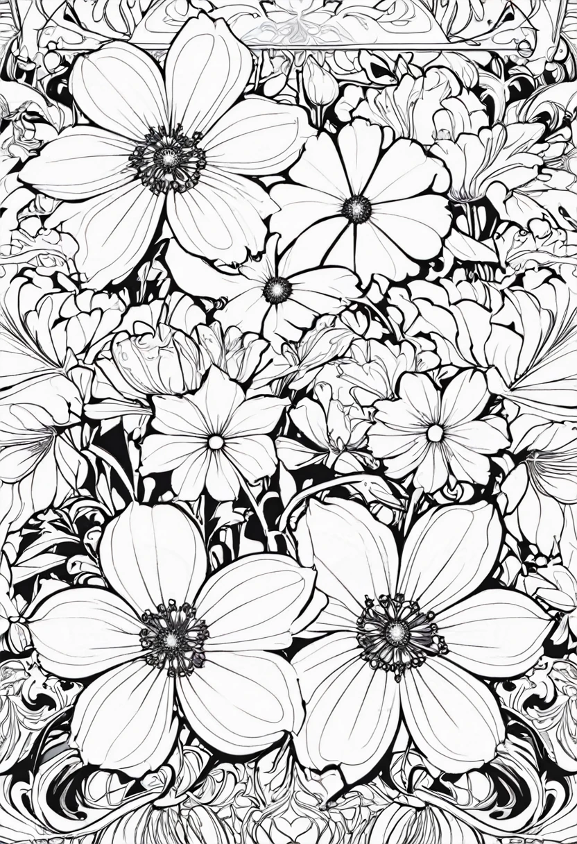 white and black Flowers with a white background, ploynesian, garden, art for coloring book page, full white background, only use outline, line art, clean line art, mandala for coloring with nature ornaments, simple and clean line art, adorned in Art Nouveau style, with a stroke of Alfons Mucha's brush, perfect details, real