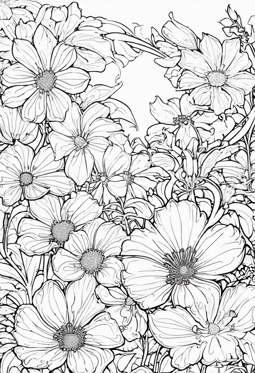 white and black Flowers with a white background, ploynesian, garden, art for coloring book page, full white background, only use outline, line art, clean line art, mandala for coloring with nature ornaments, simple and clean line art, adorned in Art Nouveau style, with a stroke of Alfons Mucha's brush, perfect details, real
