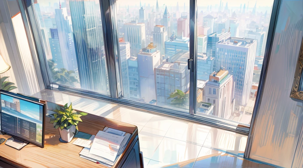 (best quality,masterpiece:1.2,detailed details,4k),((best quality)), ((masterpiece)), (detailed), office, president's office, floor-to-ceiling windows, potted plants, computers and documents on the desk, top-down view scene,