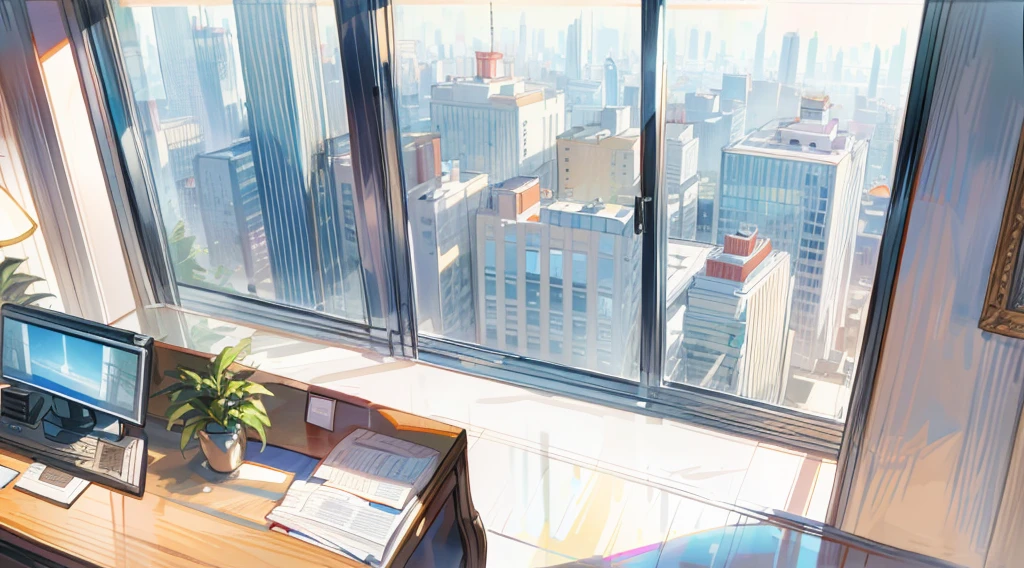 （best quality，masterpiece：1.2，detailed details，4k），((best quality)), ((masterpiece)), (detailed), office, president's office, floor-to-ceiling windows, potted plants, computers and documents on the desk, top-down view scene,