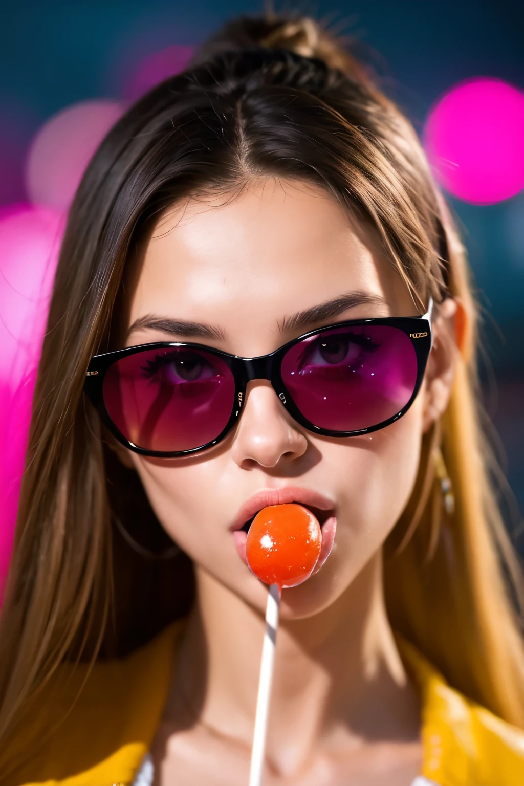 (masterpiece, best quality:1.2), 1girl, solo, high quality raw photograph of a young girl, licking a red lollipop,  tongue out, vibrant neon colors, cool sunglasses, silhouette, looking at viewer, lofi, UHD, accurate, textured skin, super detail, high details, high quality, highres, 1080P, 4K