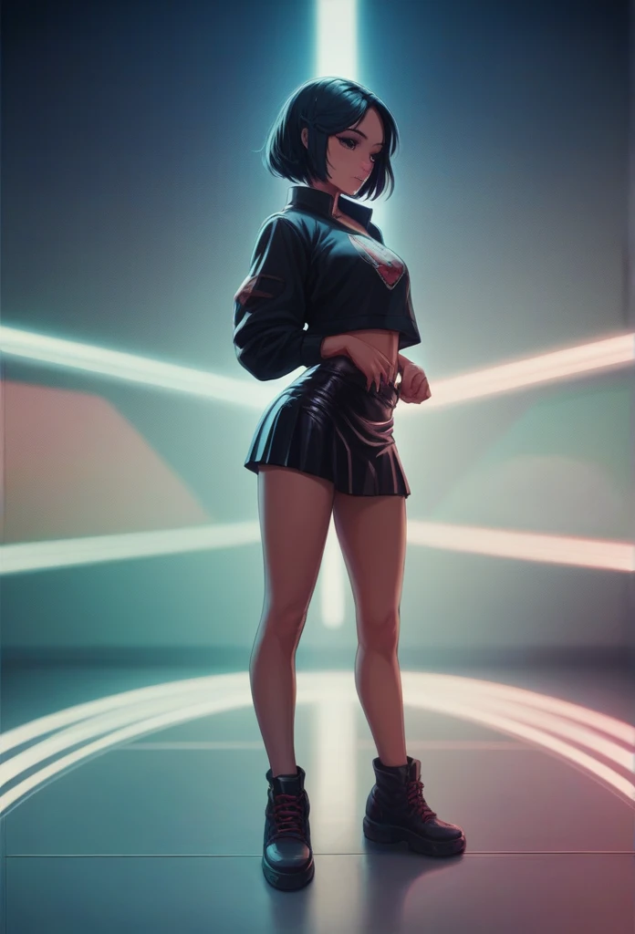 girl in a short skirt, one, волосы Twin-Tail, hair color red black, 3D wallpaper in high quality, neon space in the background.